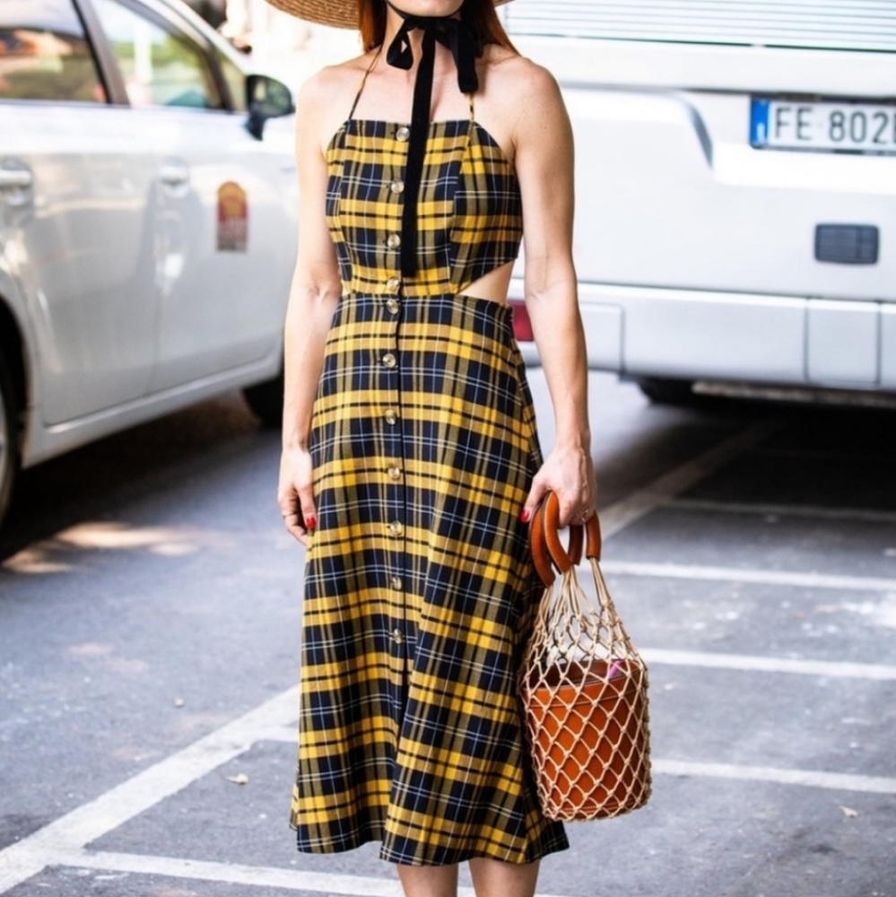 Urban Outfitters Black And Yellow Plaid Button Down Midi Dress Size XS